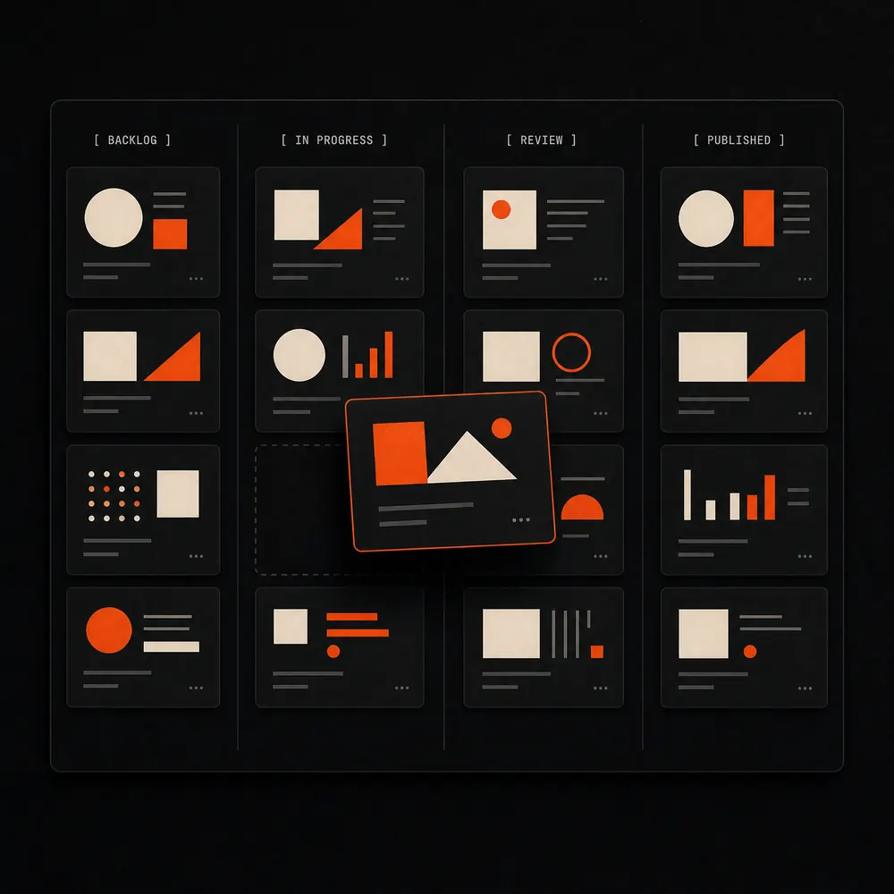 Concept illustration: a kanban campaign board of ad-creative cards, one lifting mid-drag with an orange border.