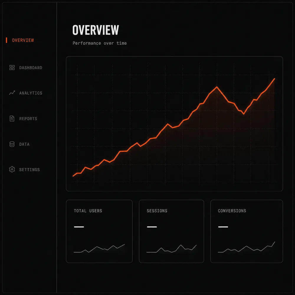 Concept illustration: a dark analytics dashboard, a single orange trend line over a hairline grid above placeholder metric tiles.