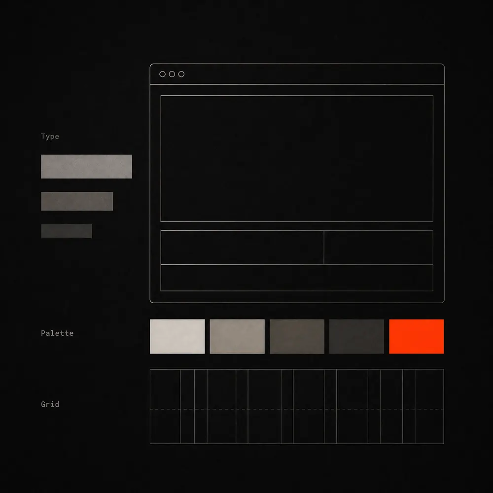Concept illustration: a dark design-system board — a hairline browser wireframe above a row of color swatches, one of them vivid orange, beside a descending type scale.