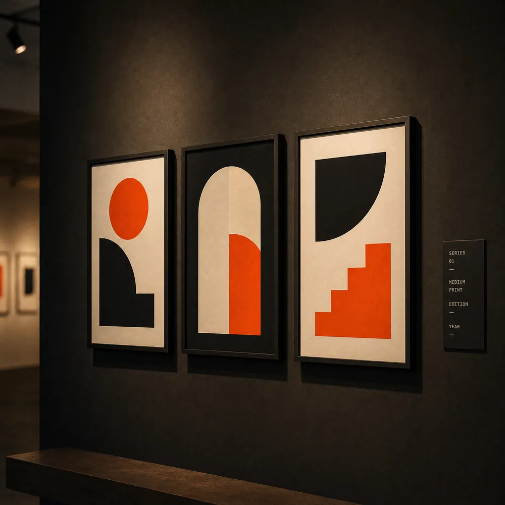 Concept illustration: three framed geometric art prints in cream, black and orange hung on a gallery wall.