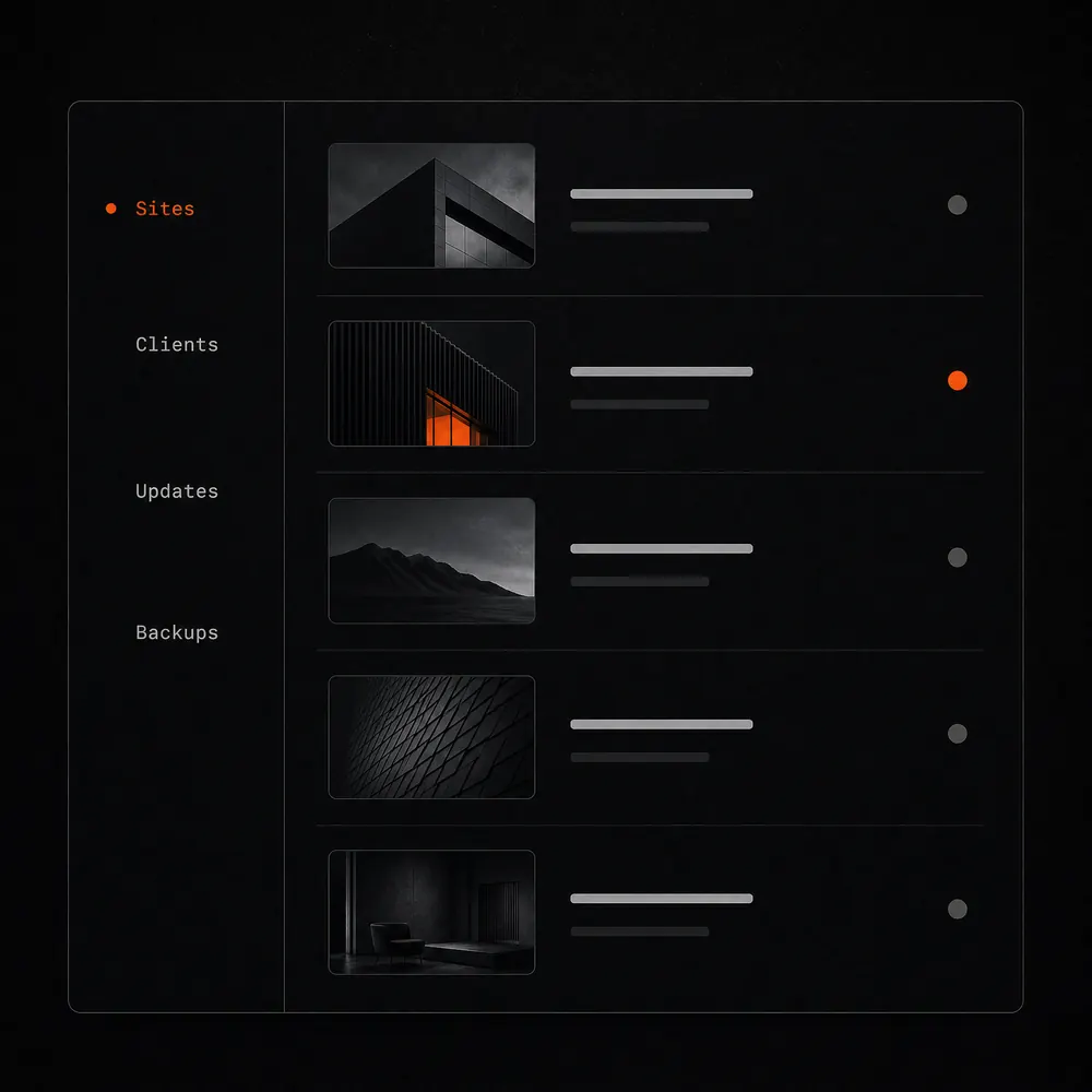 Concept illustration: a dark client-site management console, a list of site rows with a single orange status dot among the grey.