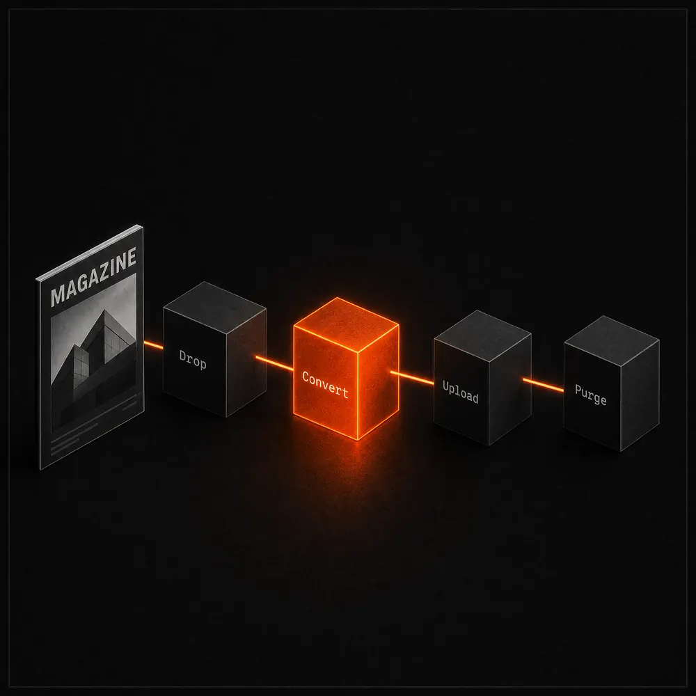 Concept illustration: an isometric row of four dark cubes labelled Drop, Convert, Upload and Purge, joined by a thin glowing orange line, with a magazine standing at the head of the line and the Convert cube lit vivid orange.