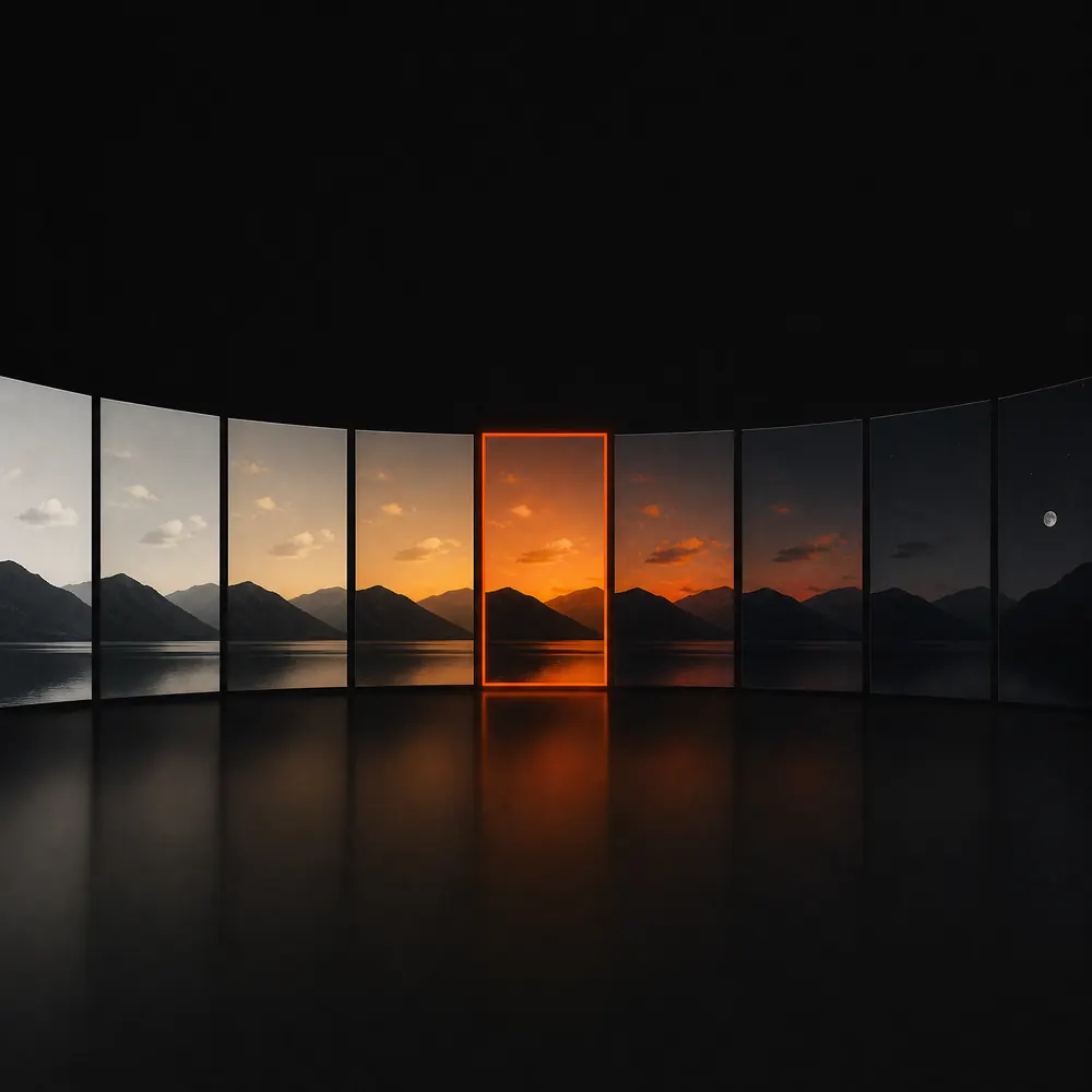Concept illustration: one still photograph fanning out into a sequence of frames whose sky warms from grey through orange into night.
