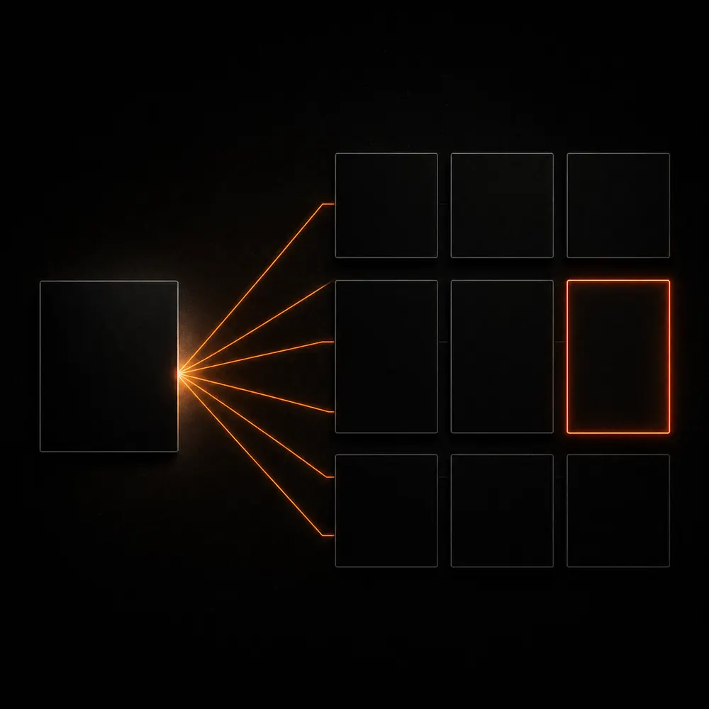 Concept illustration: a single source frame fanning out along orange lines into a grid of nine staged variations.