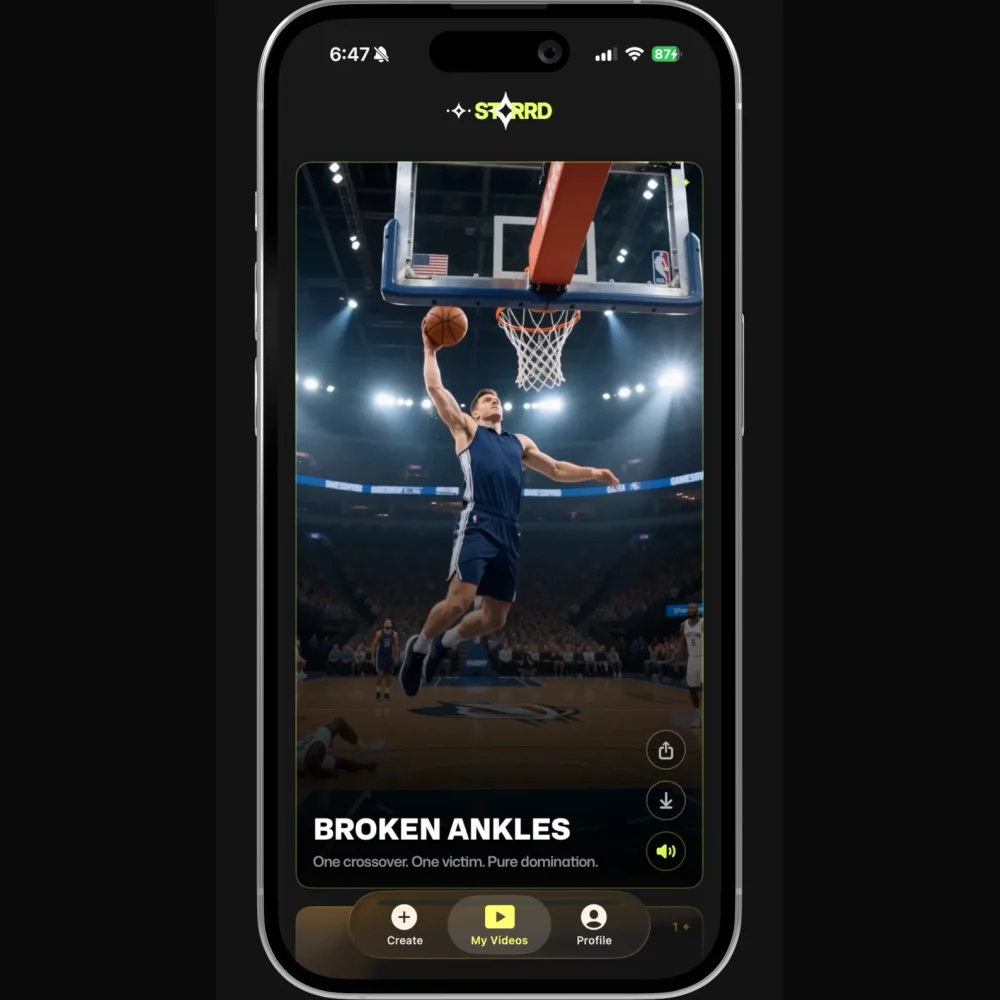 The shipped Starrd iOS app on a phone: the finished video of a man airborne mid-dunk in a packed arena, titled BROKEN ANKLES, with the chartreuse STARRD lockup above it and a Create, My Videos and Profile tab bar below.