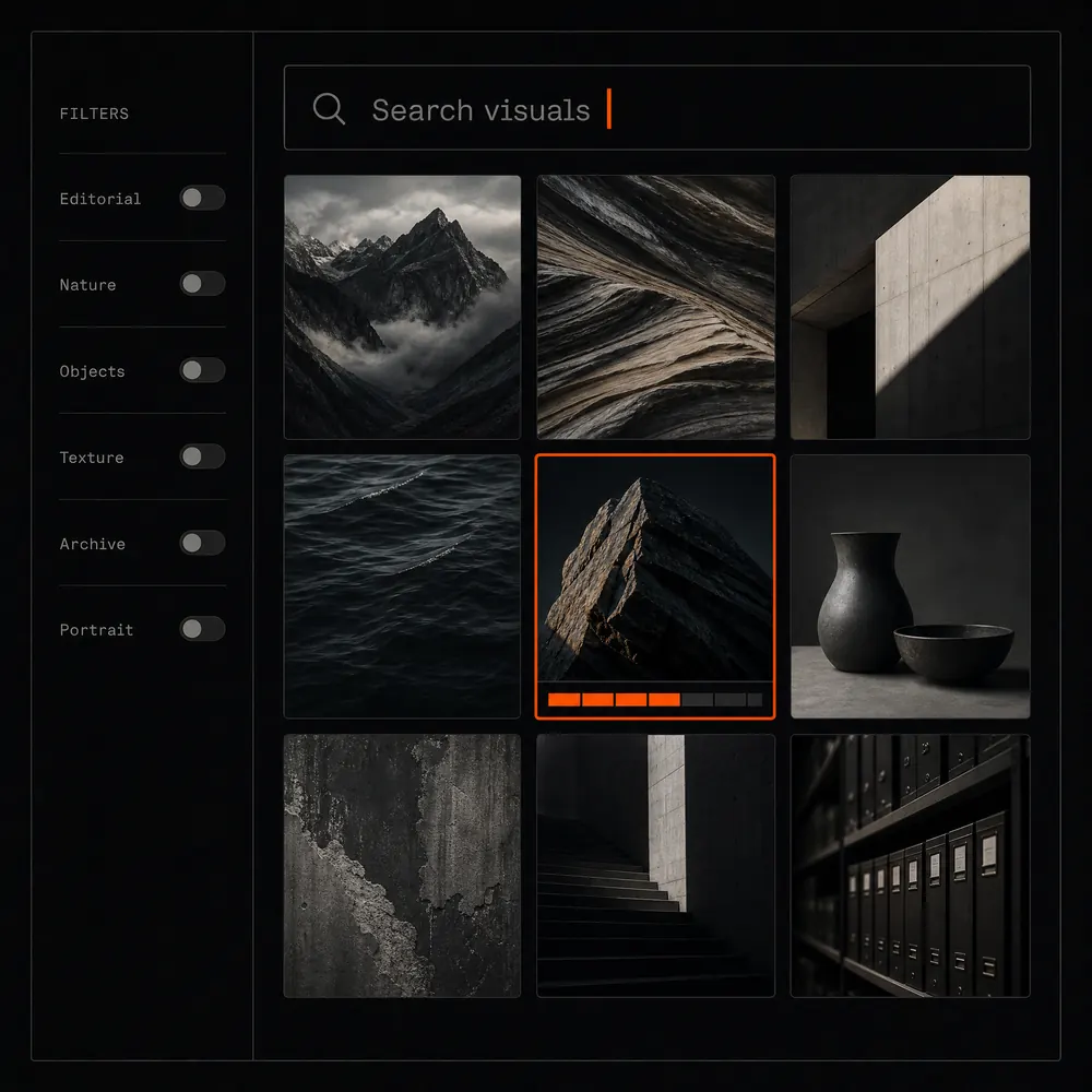 Concept illustration: a dark visual-search interface, a grid of image results with one ringed by an orange selection border.