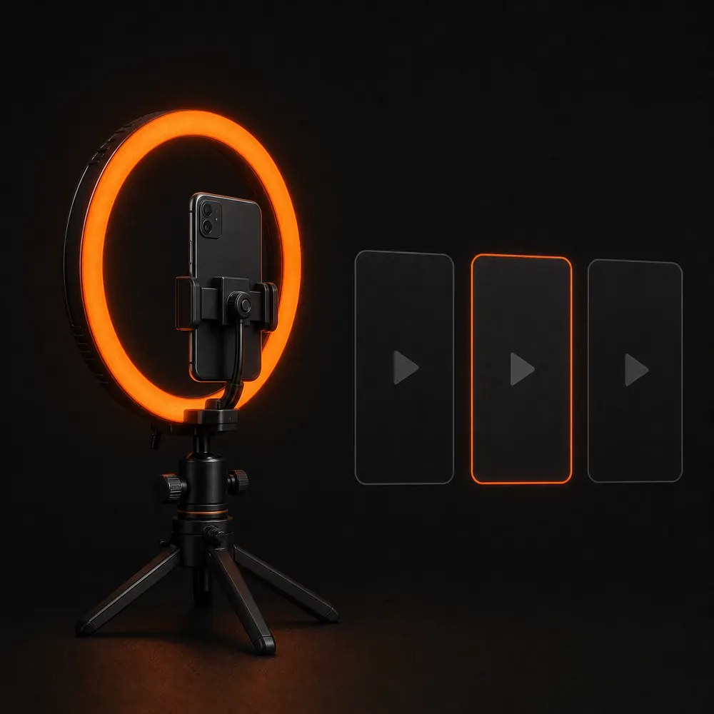 Concept illustration: a phone mounted in a tripod rig inside a glowing orange ring light, three vertical video frames floating beside it.