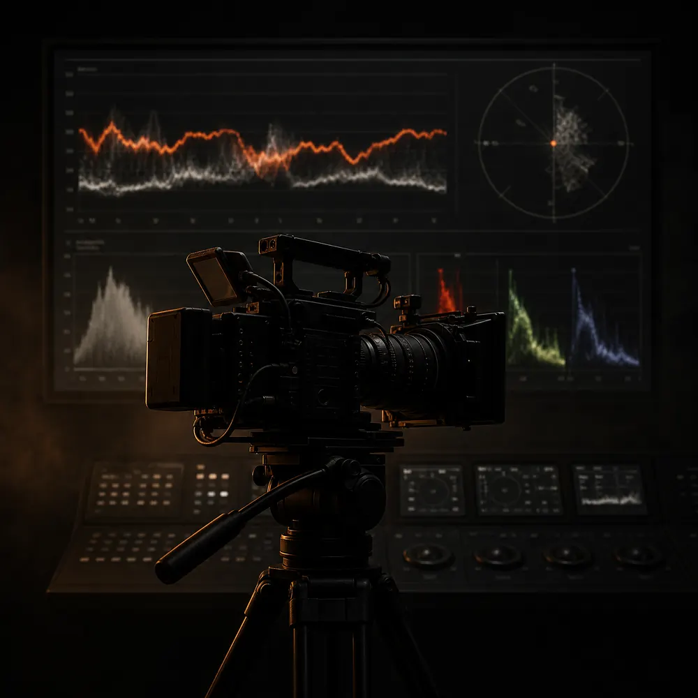 Concept illustration: a cinema camera in silhouette before a colour-grading monitor showing waveform and vectorscope traces.
