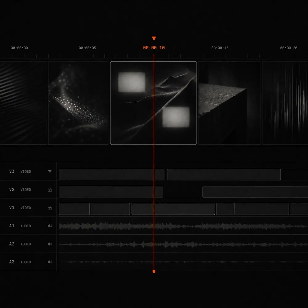 Concept illustration: a video editing timeline, soft blur patches tracking a shape across a filmstrip under an orange playhead.